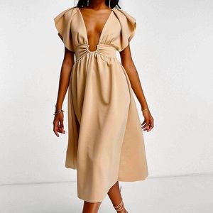 Size 8 frill sleeve gold ring soft prom midi dress